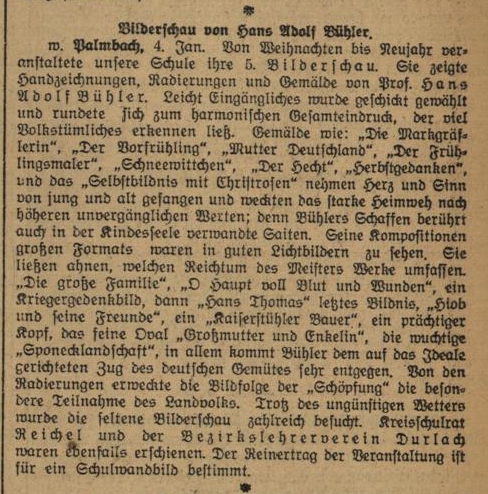 Durlacher Tagblatt berichteten am 04. Januar 1929 über die Bilderausstellungen in der Palmbacher Schule