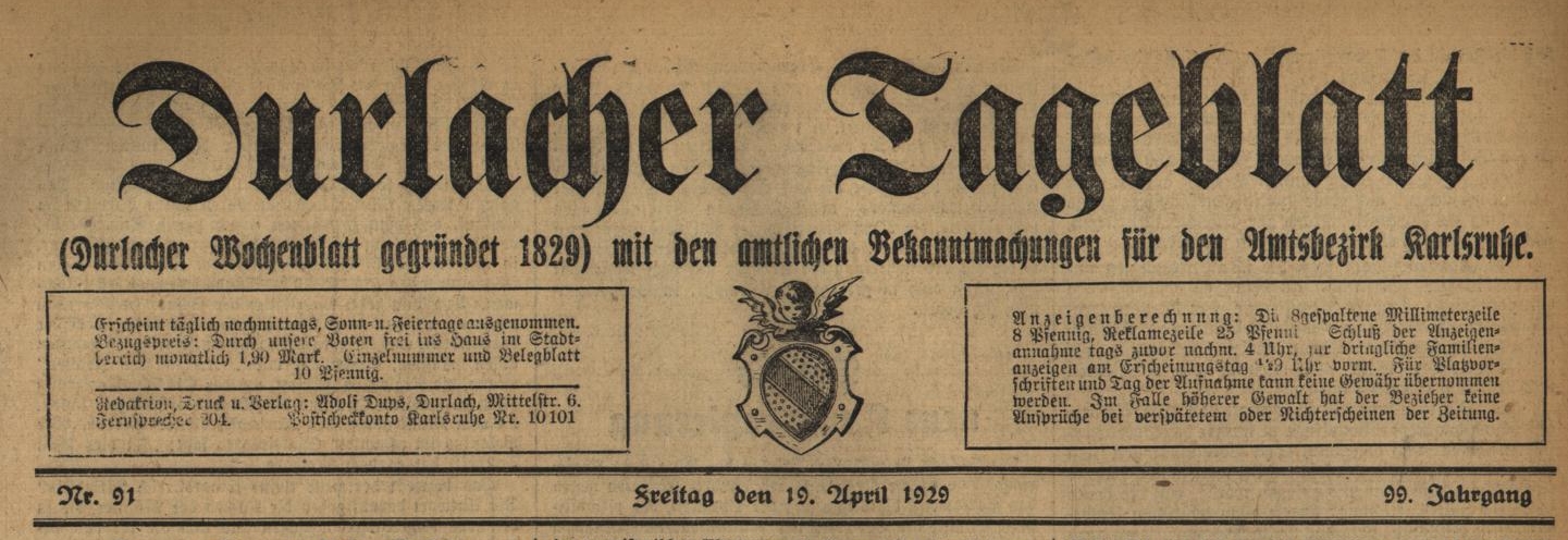 Das Durlacher Tagblatt berichtet am 19. April 1929:  Das Schulwandbild in Palmbach