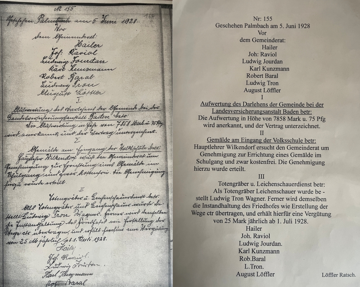 Protokoll der Gemeinderatssitzung am 05.06.1928 in Palmbach