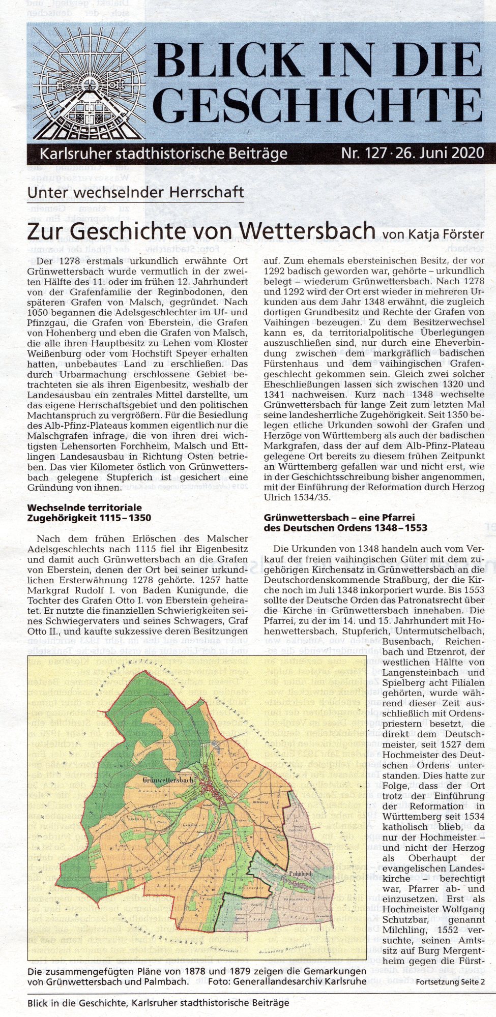 "Zur Geschichte von Wettersbach" von Katja Förster, Stadtzeitung Karlsruhe am 26.06.2020